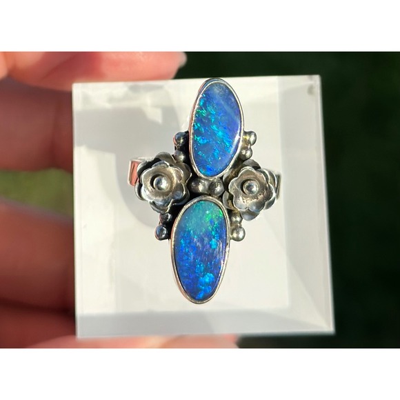 Australian Opal Double Stone Sterling Silver Ring Size 7.5 - Picture 1 of 9